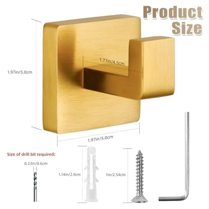 Towel Hooks for Bathrooms Robe Hook Coat Hook 4 Pack Brushed Gold Stainless Steel Heavy Duty 33 Lbs Wall Mounted Square Hooks for Bathroom Kitchen Bedroom - color: Brushed Gold