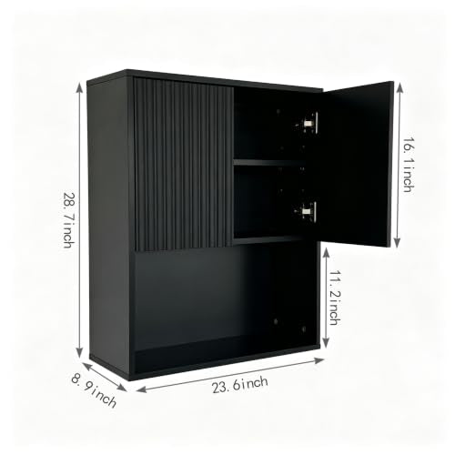 Fluted Bathroom Wall Cabinet Over the Toilet Storage,Wall Mounted Cabinet with Adjustable Shelf,Floating Cabinet Organizer Hanging Cabinet,Kitchen and Laundry Room Cabinets (Black, 1 PC) - color: Black