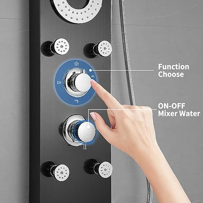 RUMOSE Matte Black Shower Panel Tower System, 5-Mode Shower Faucet Set | LED Light Rainfall Shower Head Digital Display with Massage Jets Tub Spout Shower Shelves, Stainless Steel, Wall Mount - color: Matte Black