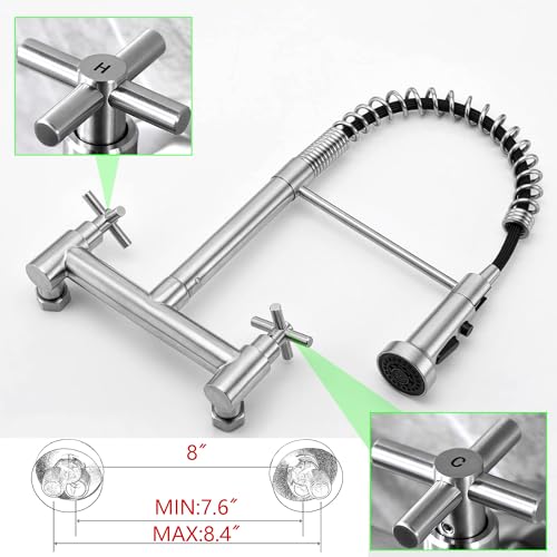 Wall Mount Faucet 8"" Center, Commercial Mixer Tap, Kitchen Sink Faucets | 304 Stainless Steel Constructed, High Arc Dual Handle, Rotatable - color: Style B, Dual Handle