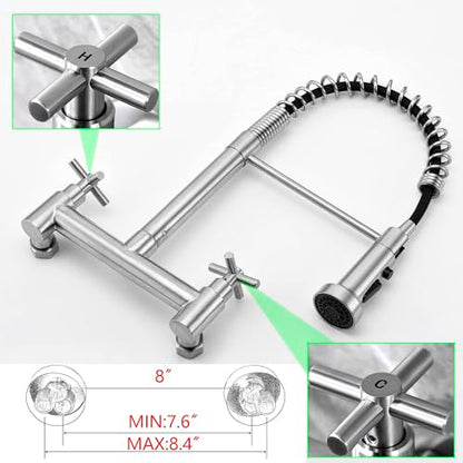 Wall Mount Faucet 8"" Center, Commercial Mixer Tap, Kitchen Sink Faucets | 304 Stainless Steel Constructed, High Arc Dual Handle, Rotatable - color: Style B, Dual Handle