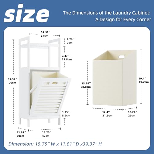HITNET Bamboo Tilt Out Hamper, 10 Gal Bathroom Laundry Cabinet with Hidden Foldable Basket, Freestanding Clothes Storage Organizer with Storage Shelf, White - color: White
