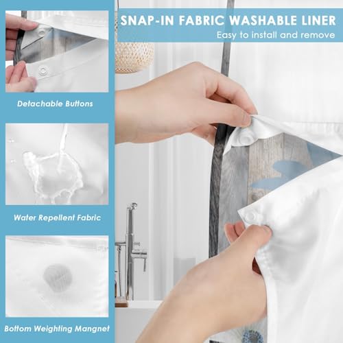 No Hook Shower Curtain with Snap in Liner 71x86 Inch Blue Daisy | Farmhouse Rustic Butterfly Modern Double Layers Waterproof Fabric with See Through Top Window Open Grommet Bath Curtain - color: Blue Retro Daisy, size: 71"W x 86"L (Pack of 1)