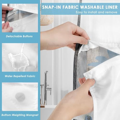 No Hook Shower Curtain with Snap in Liner 71x86 Inch Blue Daisy | Farmhouse Rustic Butterfly Modern Double Layers Waterproof Fabric with See Through Top Window Open Grommet Bath Curtain - color: Blue Retro Daisy, size: 71"W x 86"L (Pack of 1)