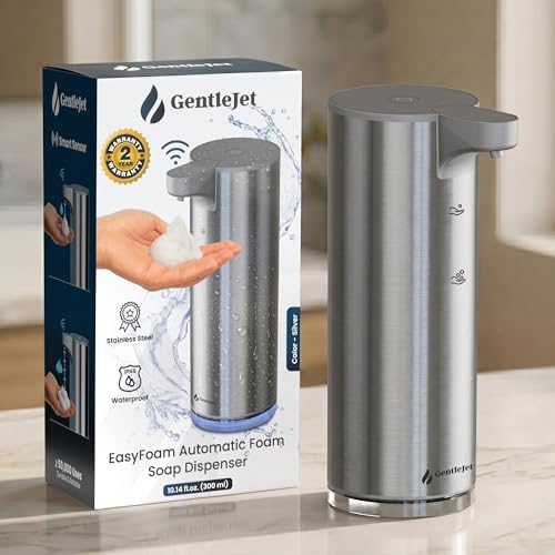 GentleJet EasyFoam Automatic Foaming Soap Dispenser, Touchless USB-C Rechargeable Sensor Pump, 304 Stainless Steel, Adjustable Foam, IPX5 Water-Resistant for Bathroom & Kitchen, 10 fl oz / 300 mL - color: Silver