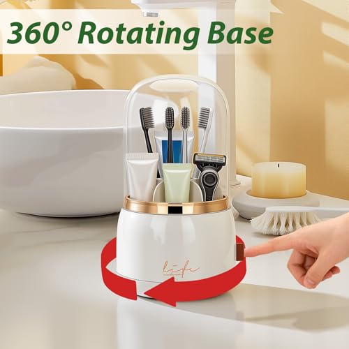 360 Rotating Toothbrush Holders for Bathrooms, 7-Slot Toothbrush Holder with Cover & Drainage, Bathroom Countertop Organizer for Electric Toothbrushes, Toothpaste & Makeup Brushes - color: Beige