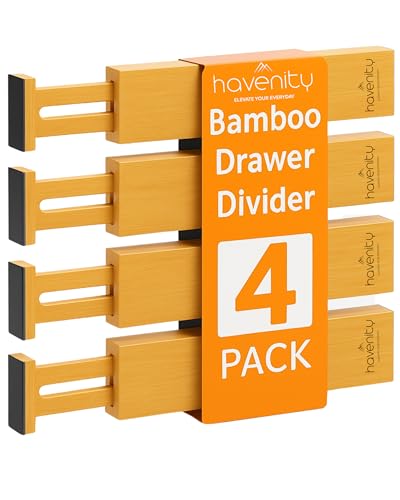 4 Pcs Bamboo Kitchen Drawer Dividers Large 14"-19", Spring Loaded, Works in Kitchen, Adjustable Drawer Organizers, Dresser, Bathroom, Bedroom, Drawer Desk, Office