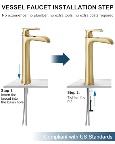 Vessel Sink Faucet, Tall Brass Waterfall Bathroom Faucet 1 Handle Gold Faucets for Bathroom Vanity 1 Hole with Pop-Up Drain & Supply Hoses - color: Brushed Gold-Noble