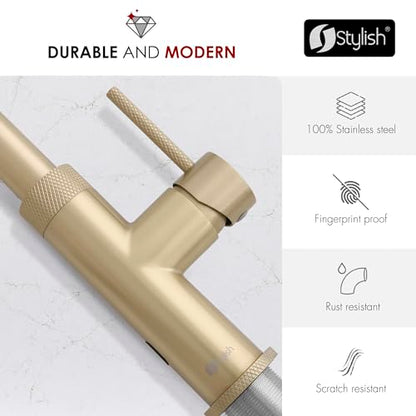 Stylish Touchless Kitchen Faucet with Pull Down Sprayer Single Lever Handle Dual Function Stainless Steel Kitchen Sink Faucet with Ceramic Cartridge and Aerator Brushed Gold Finish, K-150GM - color: Brushed Gold