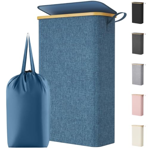 Lifewit 65L Slim Laundry Hamper with Lid, Narrow Laundry Basket with Removable Bag & Bamboo Handles, Fodable Thin Dirty Clothes Hamper for Laundry Collapsible Bin for Bathroom Bedroom Dorm, Dark Blue - color: Dark Blue, size: 65L