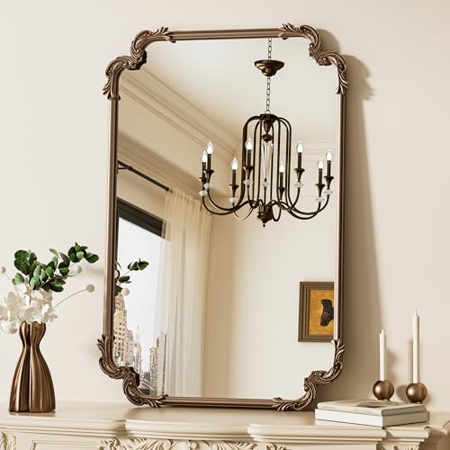 Antique Gold Brass Rectangle Mirror for Mantle Fireplace 24 x 36 Baroque Vintage Ornate Scroll Wall Mirror with Metal Frame for Traditional Victorian French Decor, Horizontal/Vertical - color: Antique Gold, size: 36"L x 24"W
