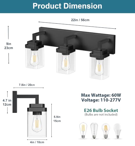 Matte Black Bathroom Light Fixtures, Modern Vanity Lights with Clear Glass Lamp Shade, Bathroom Lighting Fixtures Over Mirror, Restroom Vanity Lighting Fixture, 3-Light 22 Inch - color: Blakc, size: 3-Light