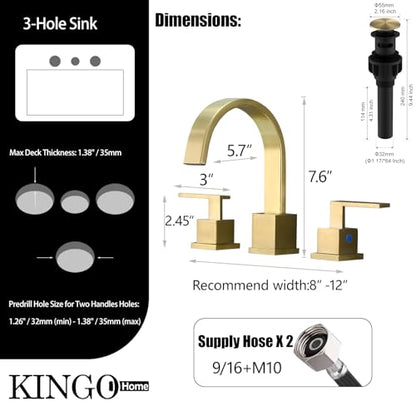Gold Bathroom Faucet, Brushed Gold Faucets Bathroom 3 Hole 8inch Widespread Waterfall 2 Handle Brass Faucets Bath Sink Vanity Faucet with Pop Up Drain and Supply Lines - color: Gold