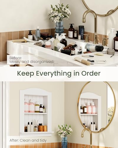 Recessed Wall Niche, 2-Tier Recessed Medicine Cabinet, Bathroom Cabinet Wall Mount, Bamboo Medicine Organizer, Wall Storage Cabinet, for Bathroom, Living Room, Kitchen, White - size: 17.6"L x 2.1"W x 21.8"H