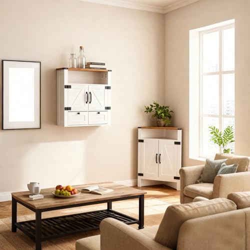 M METERXITY 23.6" W Farmhouse Bathroom Wall Cabinet with Mirror, Wall Mount | Over the Toilet Storage, Wooden Medicine Cabinet with Barn Doors, Space Saver, Kitchen, Laundry, Entrance,White Walnut