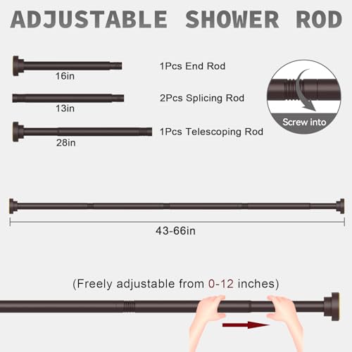 Thestoa Brown Shower Curtain Rod Adjustable 43-66 inch, 1"Diameter Spring Tension Curtain Rod No Drill, Anti-Rust Non-Slip Shower Rod for Bathroom Tension Rod - color: Brown, size: 43"- 66"
