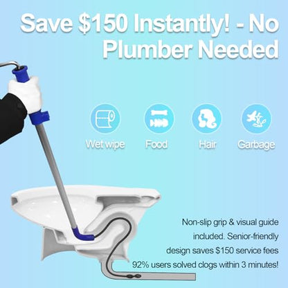 Toilet Auger 6FT DIY Plumbing Snake Drain Cleaner Tool Closet Auger with Non-Scratch Silicone Protection Head, Rust-Resistant Steel,No Plumber Needed for Heavy Toilet Blockages - color: Blue (6FT)