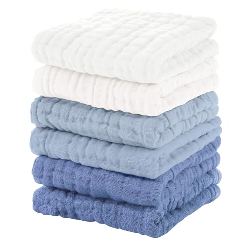 Unnivoll Muslin Burp Cloths Baby 12''X12'', Baby Washcloths 6 Pack, 100% Cotton Baby Wash Cloths Absorbent and Soft for Newborn Infants Kids Boys Girls - Gradient Blue - color: Gradient Blue