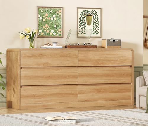 55" Dresser for Bedroom with 6 Drawers, Dressers & Chests of Drawers with Curved Profile Design, 6 Drawer Dresser, Bedroom Dressers, Wood Dressers for Bedroom, Hallway, Natural - color: Natural, 6 Drawers