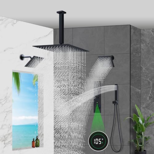 Thermostatic Digital Triple Heads Rain Shower System Can Run Together | Matte Black 4-Function Full Body Shower Faucets Set with 12" + Two 6" Tilted Showerhead and Brass Handheld - color: Matte Black, style: 12” + 6" + 6"