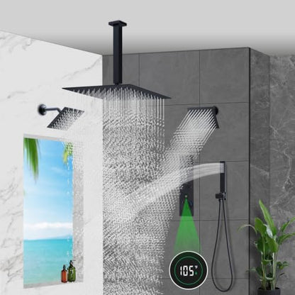 Thermostatic Digital Triple Heads Rain Shower System Can Run Together | Matte Black 4-Function Full Body Shower Faucets Set with 12" + Two 6" Tilted Showerhead and Brass Handheld - color: Matte Black, style: 12” + 6" + 6"