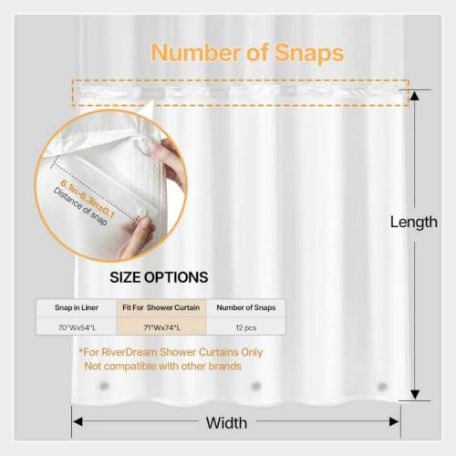 River Dream Plastic(PEVA) Snap in Shower Curtain Liner Replacement,70Wx54H | 100% Waterproof,Detachable Liner,Bottom Magnets,Water Wipeable，Fit for River Dream 71(W) x 74(H) with Window Shower Curtain