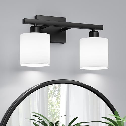 Bathroom Light Fixtures, Bathroom Lighting Fixtures Over Mirror, Interior Classic Vanity Lights, Modern Vanity Light with Textured White Glass Shade, Matte Black, 2-Light - color: Matte Black, size: 2-Light