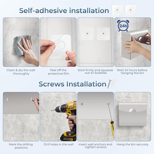 Sanitary Napkin Disposal Receptacle,9.4x7.8x3.5 inch Stainless Steel Wall Mounted Feminine Hygiene Waste bin with Disposable Sanitary Bags and Trash Bag Set for Bathroom,Office(Silver) - color: Silver