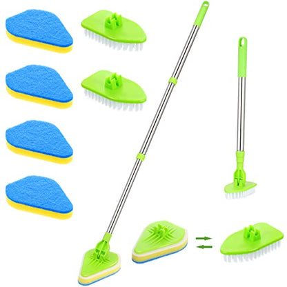Scrub Cleaning Brush with Long Handle 2 in 1 Extendable Bathroom Floor Brushes with 2 Stiff Bristles and 4 Sponge with Long Handle Detachable Tile Lightweight Cleaner for Bathtub Shower
