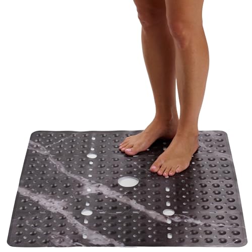 ENKOSI Square Shower Mat 27x27 inch - Anti Slip Shower Stall Floor Mat - Non Slip Shower Mats with Strong Secure Suction Cups and Drain Holes in Middle (27x27 Marble Black) - color: Marble Black
