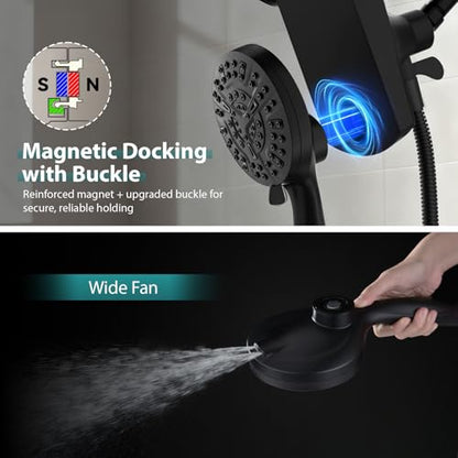 Foldable Rainfall Shower Head 9 Spray Settings/Modes Handheld Showerheads | High Pressure Shower Heads with Handheld Spray Combo, Built-in Magnetic Docking, Power Jets, Stainless Steel Shower Hose - color: Black