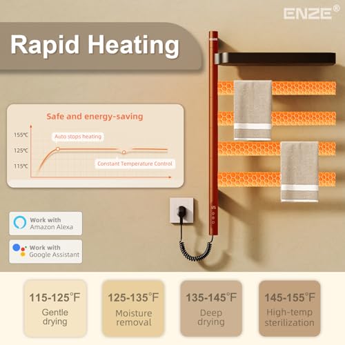 ENZE Smart Rotating Heated Towel Rack, 4-Bar, Matte Black | Wall-Mounted Electric Towel Warmer, Swivel Shelf, Wi-Fi App Control, 24H Timer, Stainless Steel - color: Black 17.72"x26.77"