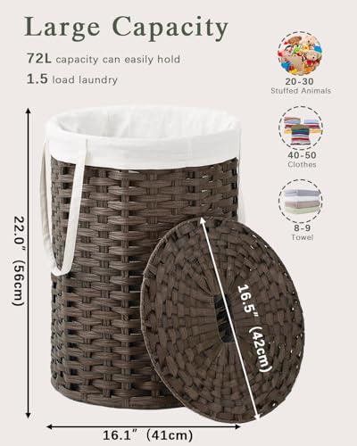 SETVSON Laundry Hamper with Lid, 19.0 Gal (72 L) Round PE Rattan, Brown | 72L Woven Hamper with Lid, Removable Washable Liner Bag, 2 Mesh Laundry Bags, Strong Steel Frame, Foldable Long Handles - color: Brown, size: 72 L