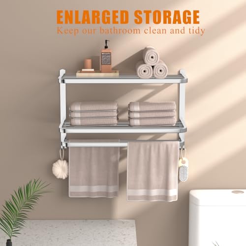 NICETAKU 23inch 3-Tier Towel Racks for Bathroom with Shelf, Multilayer Hotel Towel Holder with Hooks, Stainless Steel Wall-Mounted Brushed Finish Towel Bars, Silver - color: Silver