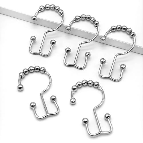 Shower Curtain Hooks,12 Pcs Rustproof Metal Shower Curtain Rings,Free Sliding Double Shower Hooks for Shower Curtain & Liners,Shower Curtain Hangers for Bathroom Shower Curtain Rods Curtains (Silver) - color: Silver