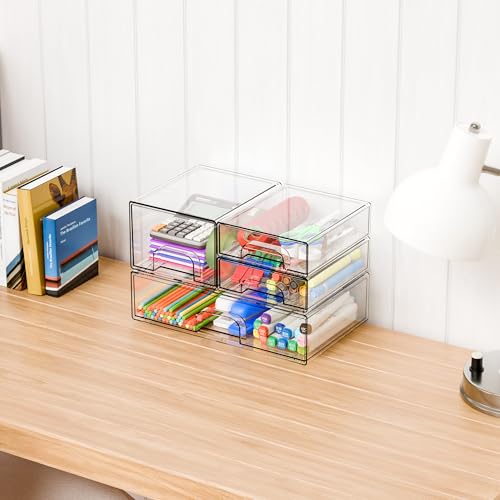 4 Pack Clear Stackable Storage Drawers,Acrylic Drawer Organizer for Medicine,Palettes,Hair Accessories and Makeup Organizer,Plastic Drawers for Cabinet,Office,Desk,Bathroom Storage Containers - style: 4 PACK