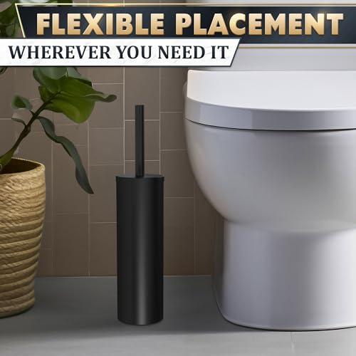 Stainless Steel Toilet Brush and Holder Set, Splash Guard (Black) | Matte Black Toilet Brush and Holder Set, Removable Bowl, Dense Bristles, Long Handle, Scratch Resistant, for Modern Bathrooms - color: Black