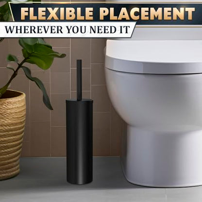 Stainless Steel Toilet Brush and Holder Set, Splash Guard (Black) | Matte Black Toilet Brush and Holder Set, Removable Bowl, Dense Bristles, Long Handle, Scratch Resistant, for Modern Bathrooms - color: Black