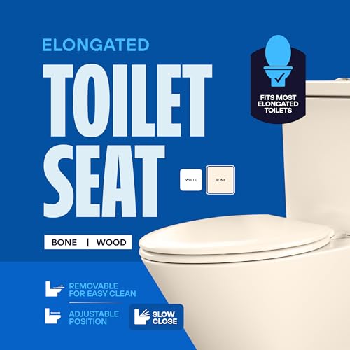 Highcraft B4TSWE Elongated Molded Wood Toilet Seat Slow Close ? Easy Remove ? Adjustable Hinge, Bone - color: Bone