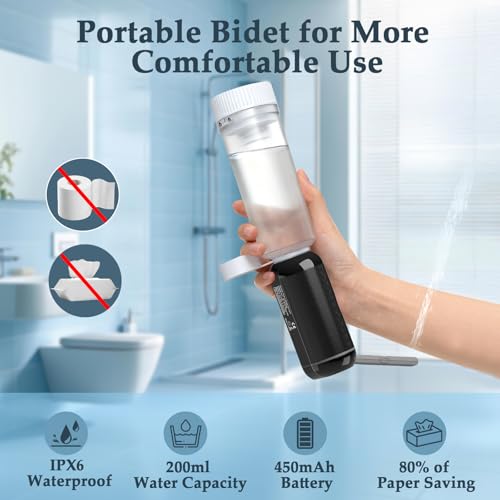 Portable Bidet for Travel, Rechargeable Waterproof Sprayer, Black | Portable Rechargeable Travel Bidet Sprayer Fits Various Water Bottles, Waterproof High Pressure Handheld for Personal Hygiene