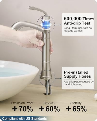 Brass Vessel Sink Faucet Brushed Nickel, Single Handle Tall Faucet for Bathroom Sink One Hole with Pop-Up Drain & Water Hoses, Save Water - color: Brushed Nickel