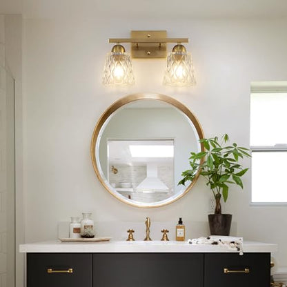 Mecgirn Stainless Steel Bathroom Vanity Light Over Mirror, 2 Light Brushed Gold Bathroom Light Fixtures with Textured Glass Shades, Modern Vanity Lighting Wall Mount - color: Brushed Gold, size: 2 Light