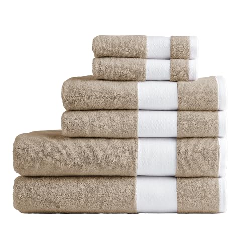 Lacoste Sport Stripe 6-Piece Luxury Cotton Towel Set – Made with 100% Soft Supima Cotton, Absorbent & Quick-Drying, Includes 2 Bath Towels, 2 Hand Towels, 2 Washcloths, Sand - color: Sand