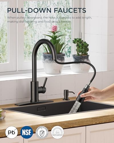 FORIOUS Kitchen Faucet with Soap Dispenser, High Arc, Oil Rubbed Bronze | Pull Down Sprayer, Lead-Free Stainless Steel, 3 mode Sprayer, Classic Single Handle Bar Sink Faucet for Rv Laundry Camper - color: Oil Rubbed Bronze, style: Classic