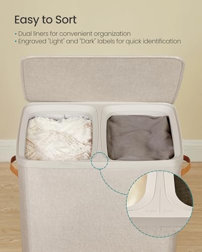 SONGMICS Laundry Basket, 44.9 Gal. Laundry Hamper, 2 Compartments, Easy Assembly, with Lid and Handles, Removable Liners, 22 x 15.7 x 29.5 Inches, Cappuccino Beige ULCB813L01 - color: Cappuccino Beige, size: 170 L (2-Section)