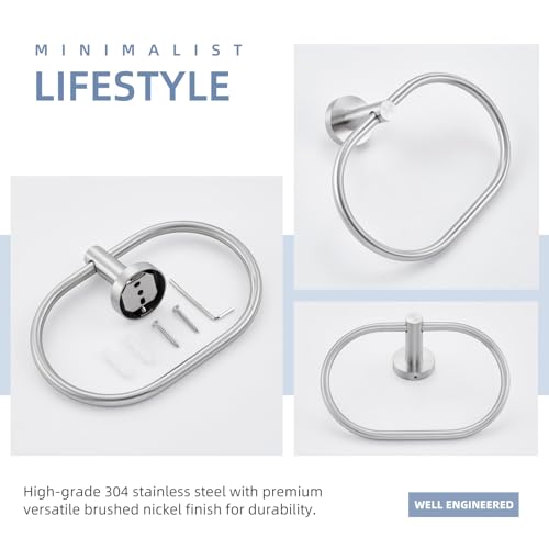 Angle Simple Towel Ring Swivel, Bathroom Hand Towel Holder, Brushed Nickel | Rustproof SUS304 Stainless Steel, 180° Rotation, Oval Washcloth Hanger for Kitchen Laundry, Screw Wall Mount - color: Oval - Brushed Nickel