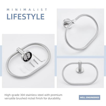 Angle Simple Towel Ring Swivel, Bathroom Hand Towel Holder, Brushed Nickel | Rustproof SUS304 Stainless Steel, 180° Rotation, Oval Washcloth Hanger for Kitchen Laundry, Screw Wall Mount - color: Oval - Brushed Nickel