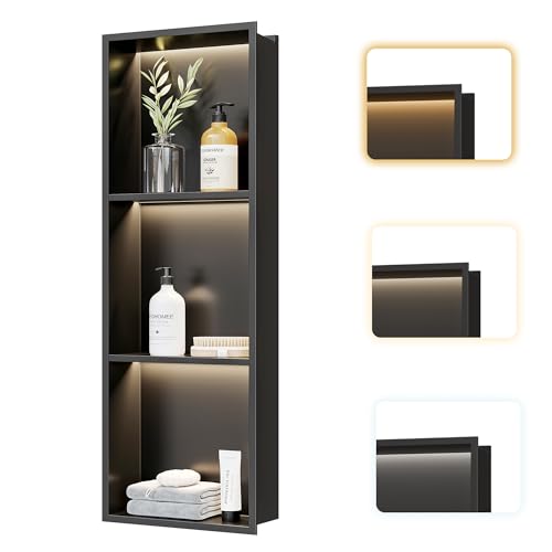 Matte Black 3-Tier 3CCT LED Niche, 12"x36" No-Tile Shower Storage | shower niche with 3-Temperature LED Strip Light (4000K/6000K/3000K),Waterproof, Sturdy&Durable,304 Stainless Steel Wall Niche - color: Matte Black, size: 12X36In