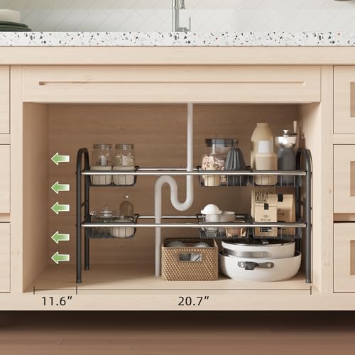 Under Sink Organizers and Storage,Expandable under cabinet organizer Shelf | 2 tier expandable shelf for kitchen and bathroom,8 Baskets,Adjustable partition height,20.7-32.3" W - size: 8 Metal Baskets