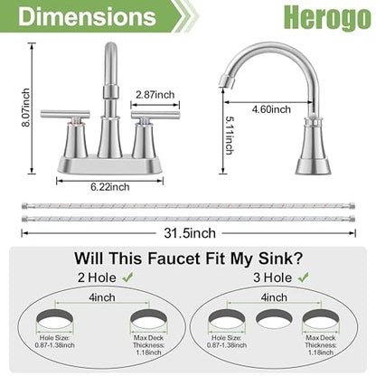Herogo Bathroom Faucet for Sink 3 Holes Brushed Nickel, 4 Inch 2-Handle Centerset Bathroom Sink Faucet with Pop-Up Drain & Supply Hoses, 18/10 Stainless Steel, for RV Vanity Lavatory - color: Brushed Nickel, style: Cylindrical Handles